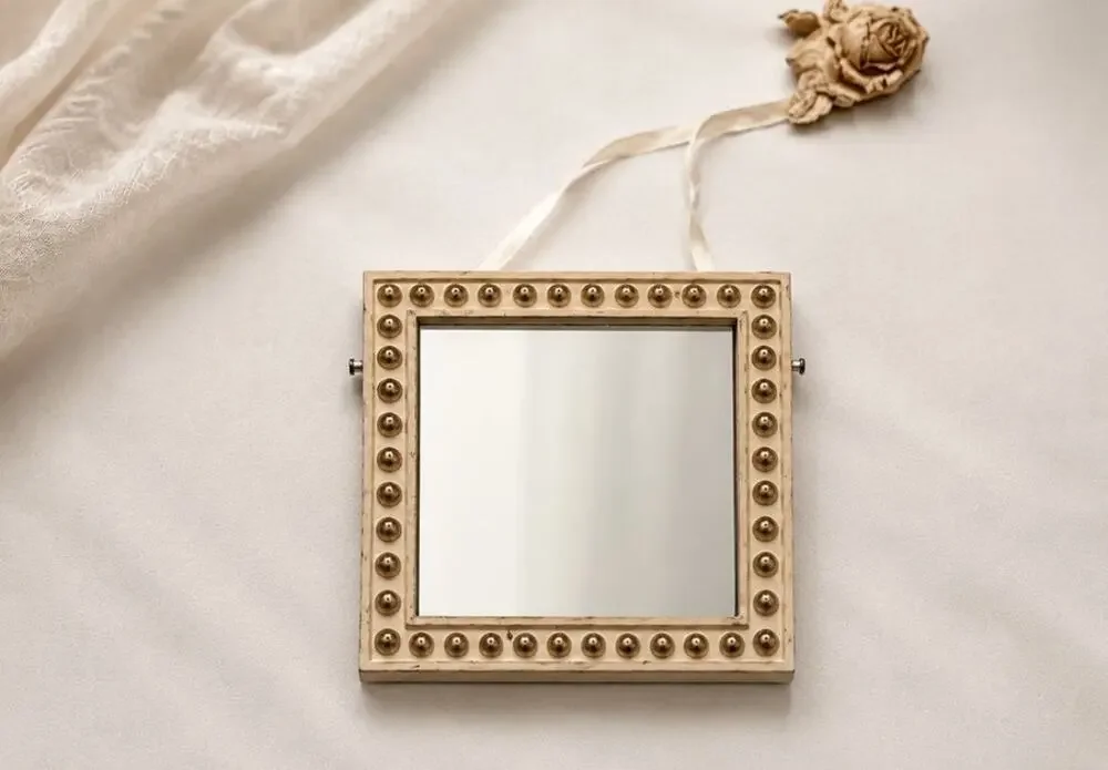 Burnes of Boston Beaded Square Mirror with Rose Hanging Wall Decor 6x6